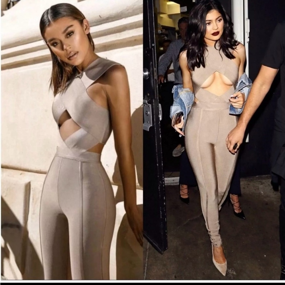 House of CB “Aster” Taupe Bandage Crossover Jumpsuit. Size S